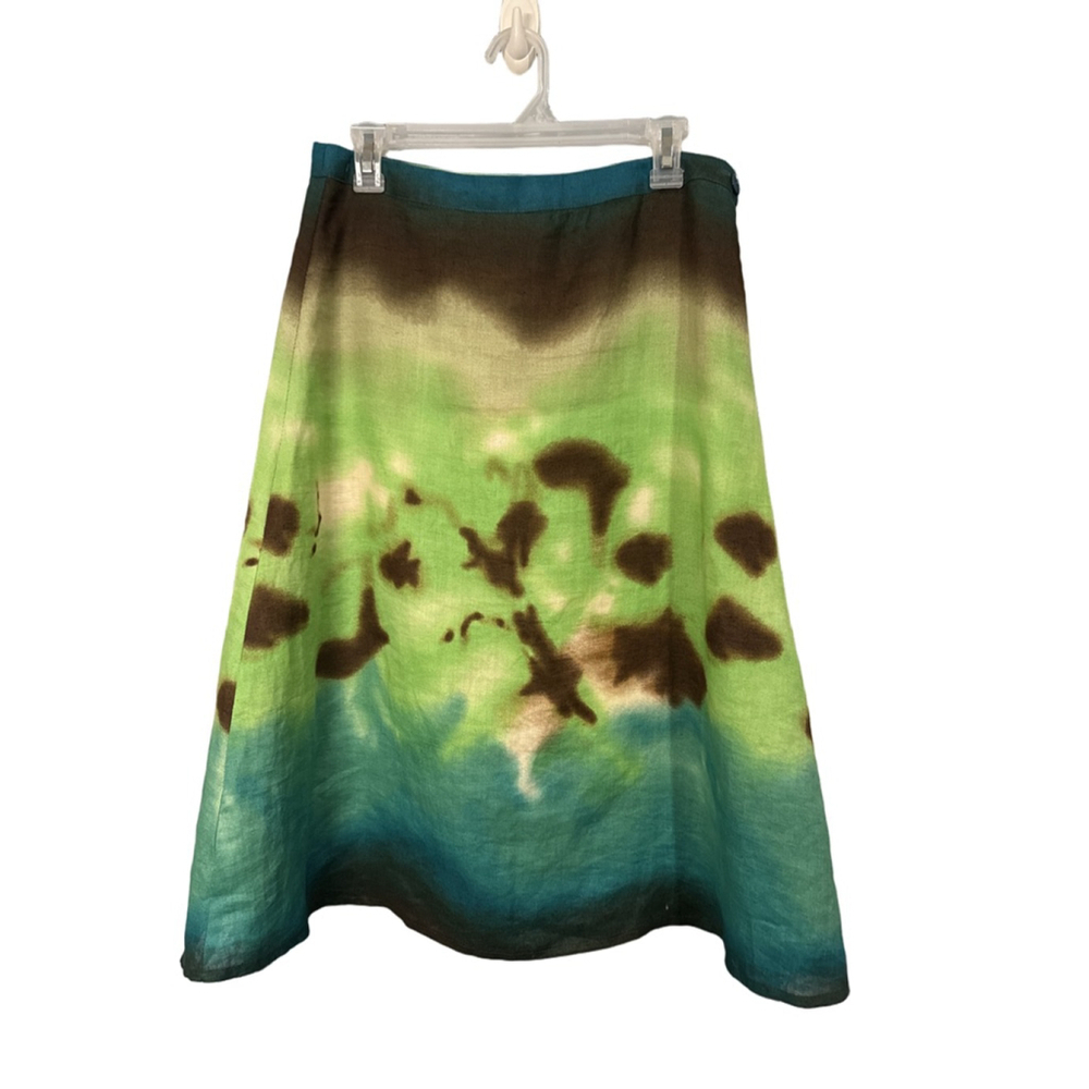 Lily Stanhope A-Line Skirt Tie-Dye Brown Green Teal Linen Size 6